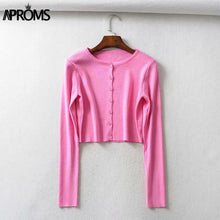 Load image into Gallery viewer, Aproms Candy Color Ribbed Knitted Cardigan Women Autumn Winter Long Sleeve Basic Cropped Sweaters Female Casual Short Jumper Top
