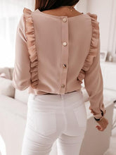 Load image into Gallery viewer, Women Ruffles White Back Buttons OL Blouse O-Neck Long Sleeve Solid Tops Female 2020 Spring Autumn Fashion Casual Blouses Ladies
